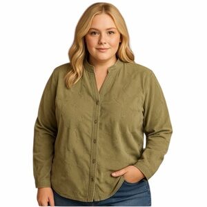 Dress Barn Womens 1X Green Corduroy Embroidered Button Down Shirt Floral